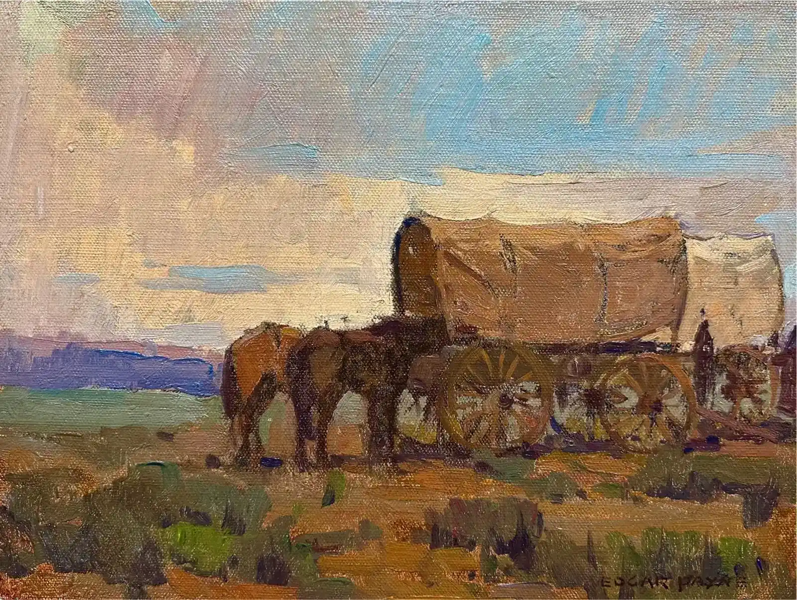 Edgar Payne, Covered Wagons, oil on canvasboard (sold by Steven Stern Fine Arts)