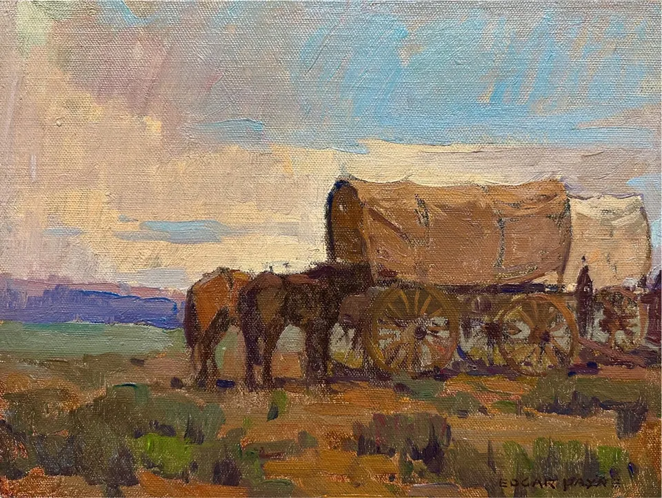 Edgar Payne, Covered Wagons, oil on canvasboard