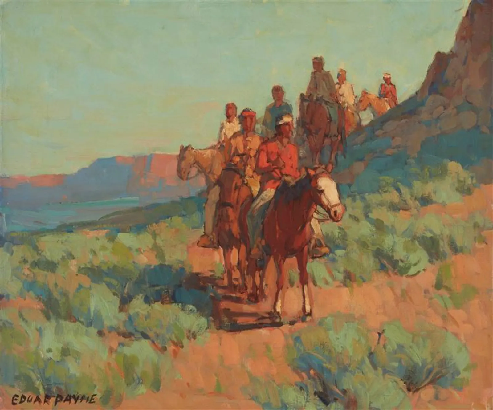 Edgar Payne, Riders in Canyon de Chelly, oil on canvas (sold by Steven Stern Fine Arts)